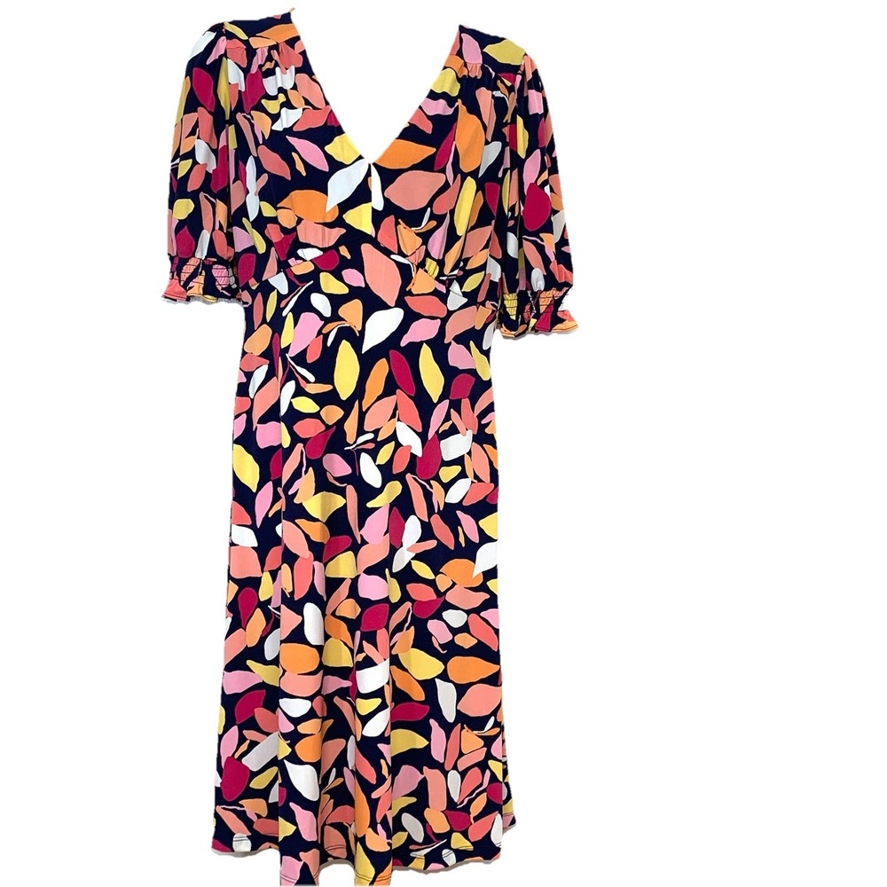 Maggie London Babydoll Empire Sheath Dress Colorful Sz 4 Stretch Knit Puff Sleev
